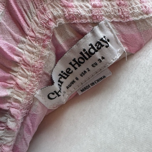 NWT Charlie Holiday Boheme Off The Shoulder Checkered Peasant Top Pink Size XS - Picture 6 of 7